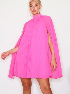 Bright Pink Pleated Cape High Neck Shift Dress