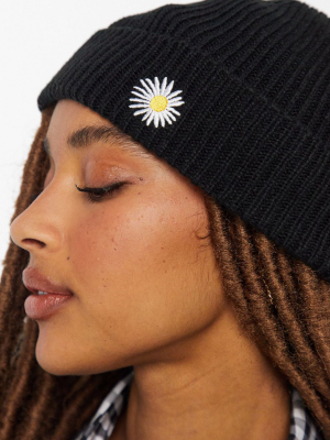 Asos Design Fisherman Rib Beanie With Daisy Embroidery In Black
