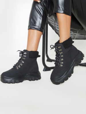 Black Faux Fur Detail Chunky Hiker Boot