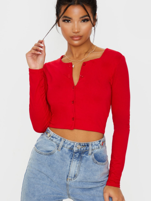 Red Button Front Long Sleeve Crop Top