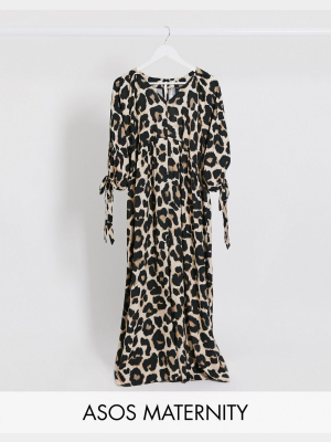 Asos Design Maternity Smock Jumpsuit With Tie Sleeve Detail In Leopard Print