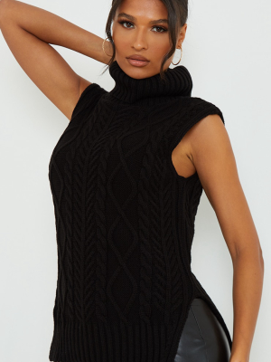 Black Longline Sleeveless Cable Roll Neck Sweater