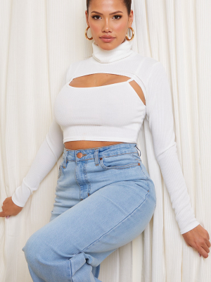 Shape Cream Textured Rib Cut Out High Neck Crop...