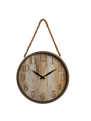 16" Distressed Woodgrain With Rope Accent Wall Clock Wood - Patton Wall Decor