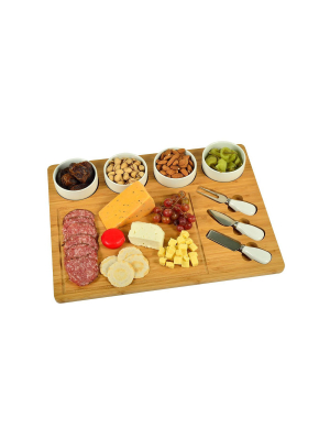 Picnic At Ascot - Large Bamboo Cheese/charcuterie Board With 4 Ceramic Bowls & 3 Stainless Steel Cheese Tools - 17" X 13"