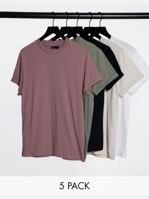 Asos Design 5 Pack T-shirt With Roll Sleeve