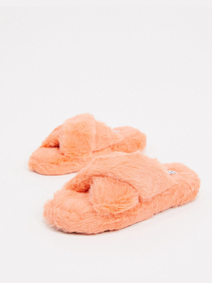 Simmi London Fluffy Slippers In Coral