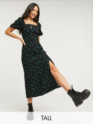 New Look Tall Puff Sleeve Midi Dress With Square Neck In Mono Polka Dot