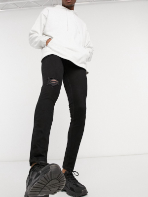 Pull&bear Super Skinny Jeans With Rips In Black