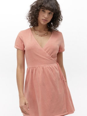 Uo Washed Cotton Wrap Mini Dress