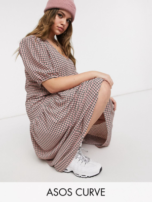 Asos Design Curve Midi Smock Dress With Pep Hem In Red Check Print