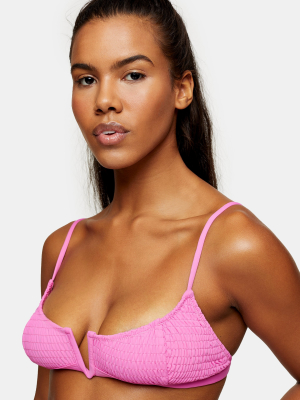 Pink Smocked V-wire Crop Bikini Top