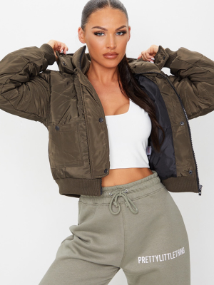 Khaki Nylon Cropped Bomber Puffer Jacket