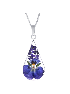 Women's Sterling Silver Pressed Flowers Teardrop Pendant (18")