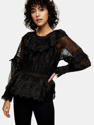 Black Dobby Shirred Waist Blouse