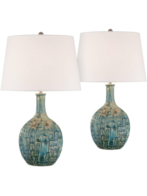 360 Lighting Mid Century Modern Table Lamps Set Of 2 Ceramic Teal Glaze Handcrafted White Empire Shade For Living Room Bedroom