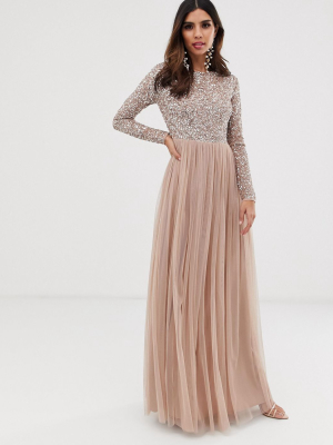 Maya Bridesmaid Long Sleeve Maxi Tulle Dress With Tonal Delicate Sequins In Taupe Blush