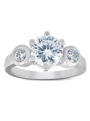 Pompeii3 4ct Round Cut Moissanite & Diamond 3-stone Ring 14k White Gold