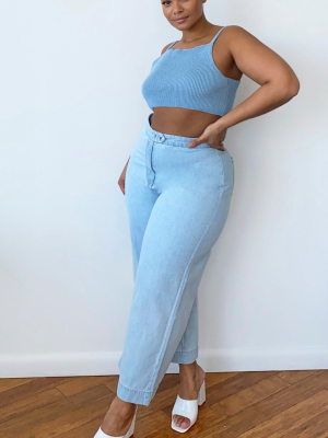 Plus Dusty Blue Knit Strappy High Neck Crop Top