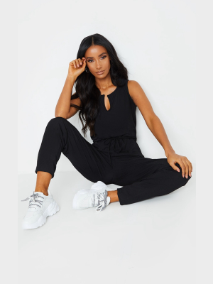 Black V Neck Tie Waist Rib Jumpsuit