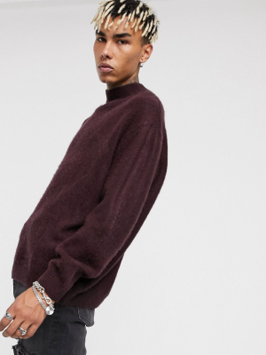 Asos Design Oversized Fluffy Knit Roll Neck Sweater In Purple