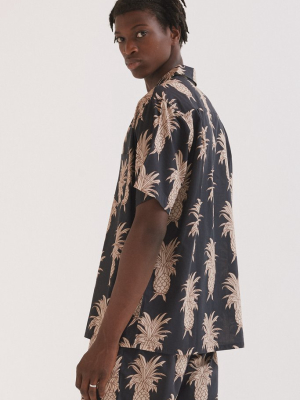 Men’s Cuban Pyjama Shirt Howie Pineapple Print Black/gold