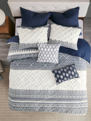 3pc Mila Cotton Printed Comforter Set With Chenille Navy