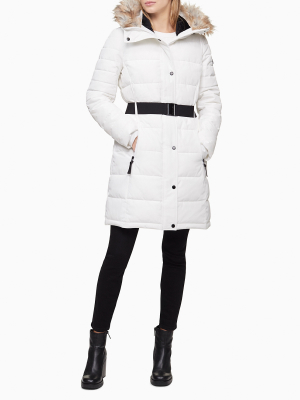 Faux Fur Hood Belted Puffer Coat