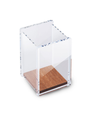 Zodaca Acrylic Pen Holder, Square Pencil Cup Desktop Organizer With Wood Base, Clear