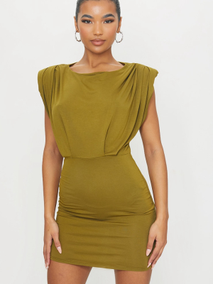 Olive Shoulder Pad Gathered Detail Bodycon Dress