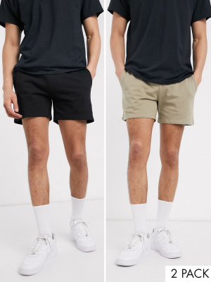 Asos Design 2 Pack Jersey Skinny Shorts In Shorter Length Black/beige