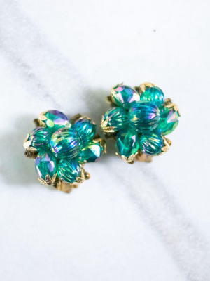 Vintage Blue Green Iridescent Beaded Cluster Earrings