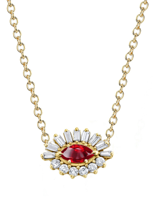 Baguette Evil Eye With Ruby Center Necklace