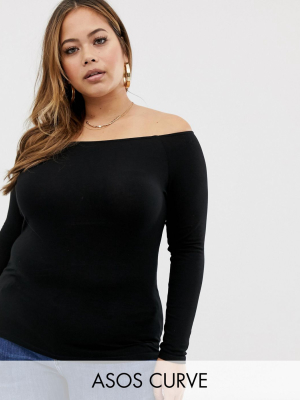 Asos Design Curve Ultimate Off Shoulder Long Sleeve Top In Black