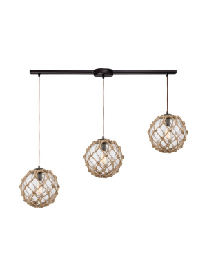 Coastal Inlet 3-light 11 X 11 X 38 Linear Mini Pendant Fixture In Oiled Bronze With Rope And Clear Glass