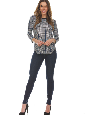 Plaid 3/4 Sleeve Crew Neck Front V-back Top