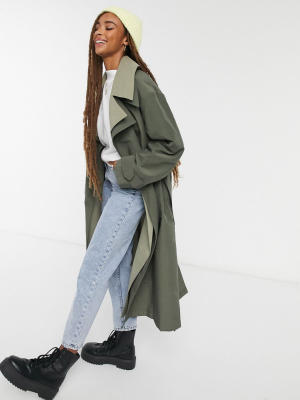 Asos Design Double Layered Trench Coat In Green