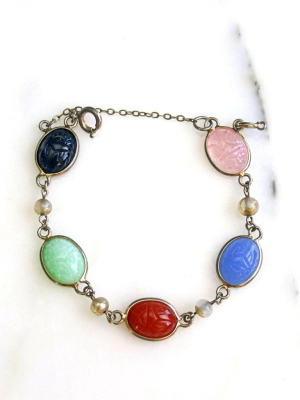 Vintage Gemstone Scarab Bracelet With Agate, Rose Quartz, Carnelian, Jade, And Onyx