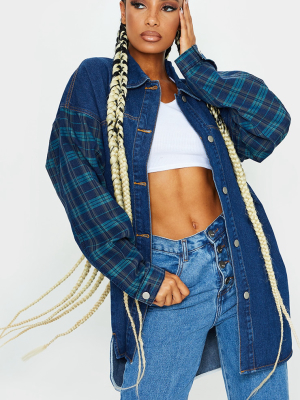 Dark Blue Wash Denim And Check Oversized Shacket