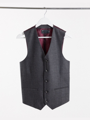 Asos Design Wedding Super Skinny Wool Mix Suit Suit Vest In Charcoal Herringbone