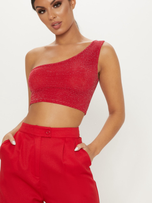 Red Glitter One Shoulder Crop Top