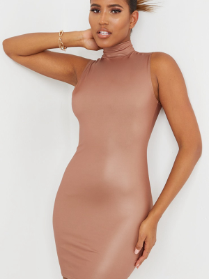 Camel Pu High Neck Sleeveless Bodycon Dress