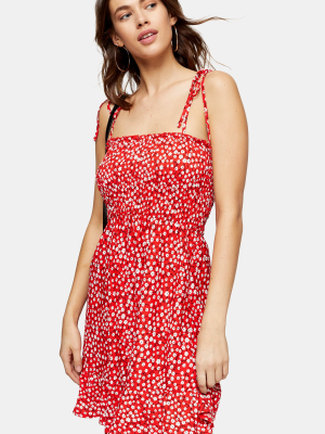 Red Ditsy Shirred Flippy Mini Dress