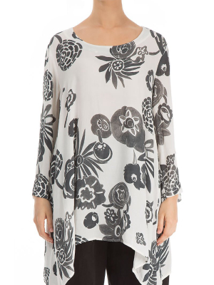 Longer Edge Flowers Black & White Viscose Tunic