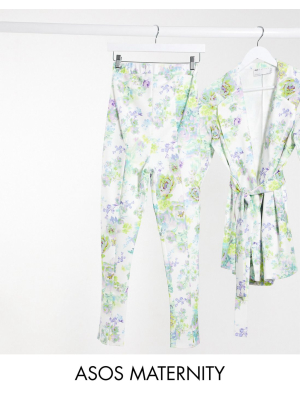 Asos Design Maternity Jersey Over Bump Slim Leg Suit Pants In White Floral