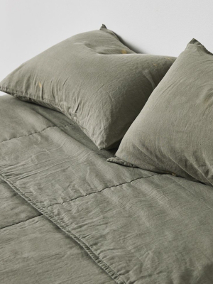 100% Linen Quilted Bed Cover In Khaki