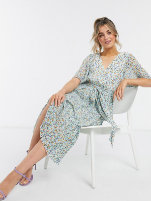 Asos Design Wrap Front Tiered Pleated Midi Dress In Playful Floral Print