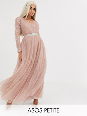 Asos Design Petite Lace Sleeve Plunge Tulle Maxi Dress With Embellished Waist Trim Detail In Dusty Pink