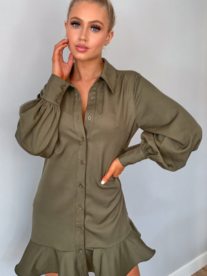 Khaki Frill Hem Shirt Dress