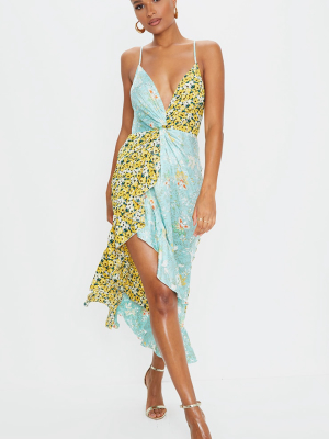 Multi Mixed Print Ruffle Detail Maxi Dress